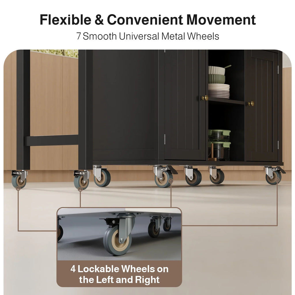 Noelse Rolling Kitchen Island with Drop Leaf Table and Hidden Trash Cabinet, Mobile Kitchen Cart with Storage Drawer, Adjustable Shelves & Rubberwood Countertop on Wheels, White