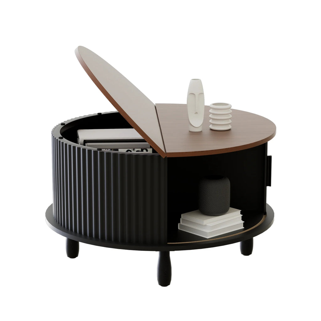 RUMLIVE Round Coffee Table with Storage, 30.7" Modern Coffee Table with 360 Curved Sliding Door, Fluted Wood Coffee Table with Footpads, Round Center Table for Living Room, Black