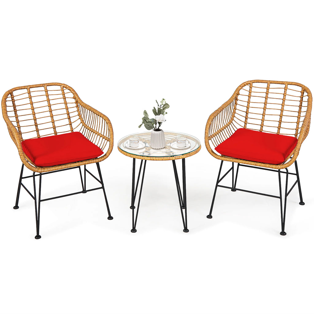 Costway 3PCS Patio Rattan Bistro Furniture Set Cushioned Chair Table Navy