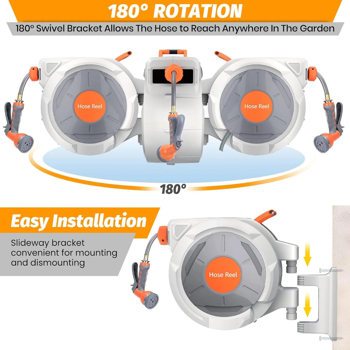 Auto-Retract Wall-Mounted Garden Hose Reel w/9-Pattern Nozzle, 180 Swivel & Any-Length Lock, 600PSI Durable