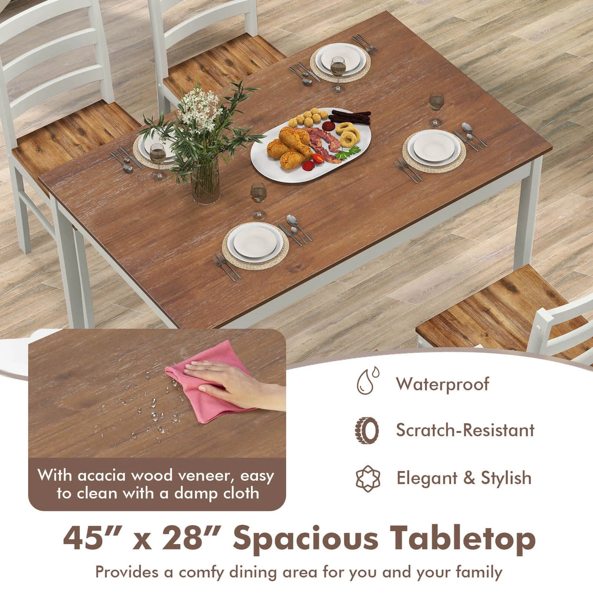 Costway 5-Piece Dining Set Solid Wood Kitchen Furniture with Rectangular Table & 4 Chairs