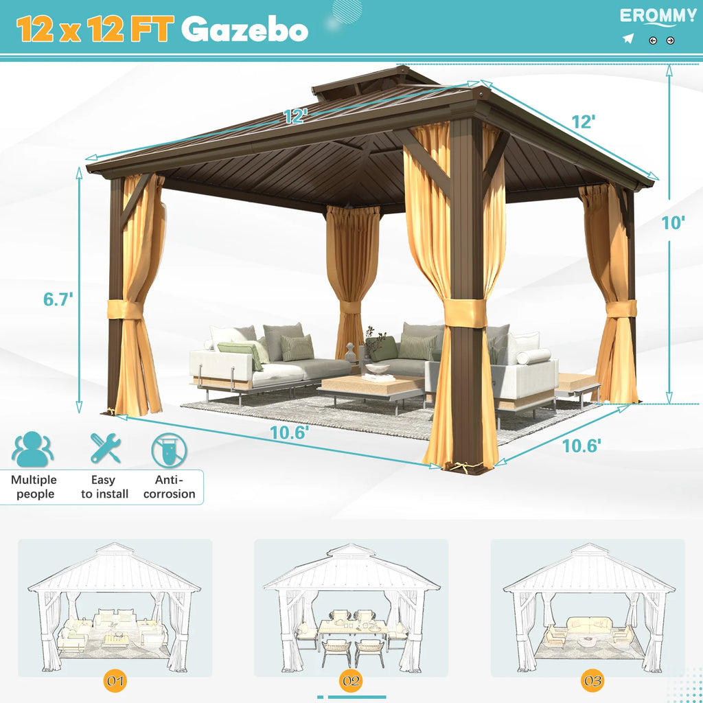 EROMMY 10'x12' Hardtop Gazebo with Galvanized Steel Double Roof & Aluminum Frame