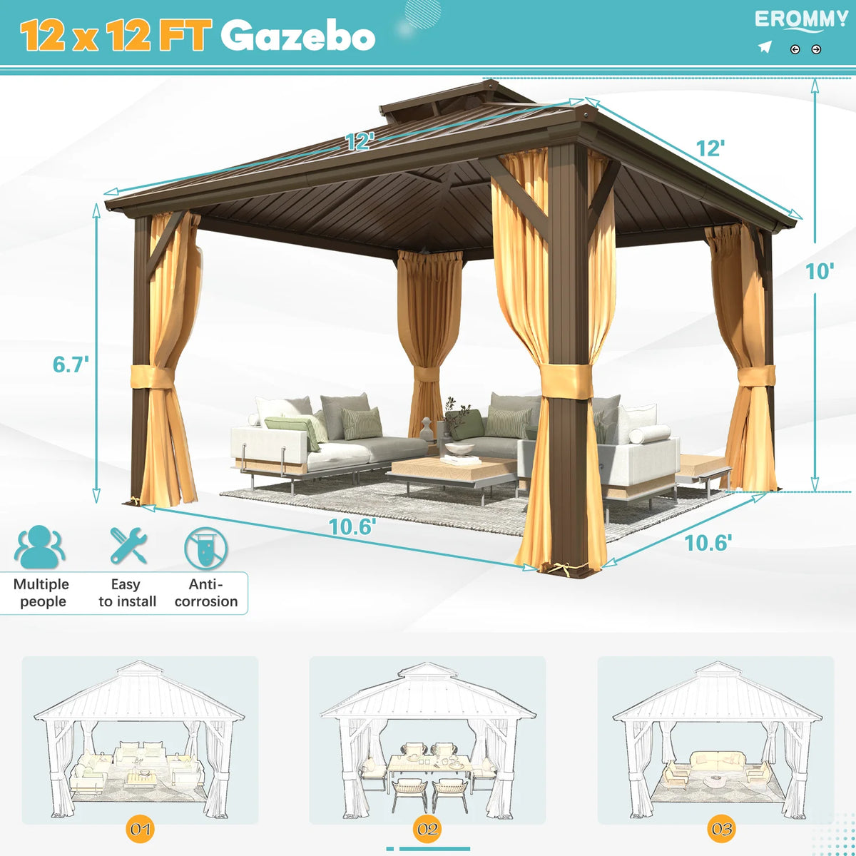 EROMMY 10'x12' Hardtop Gazebo with Galvanized Steel Double Roof & Aluminum Frame