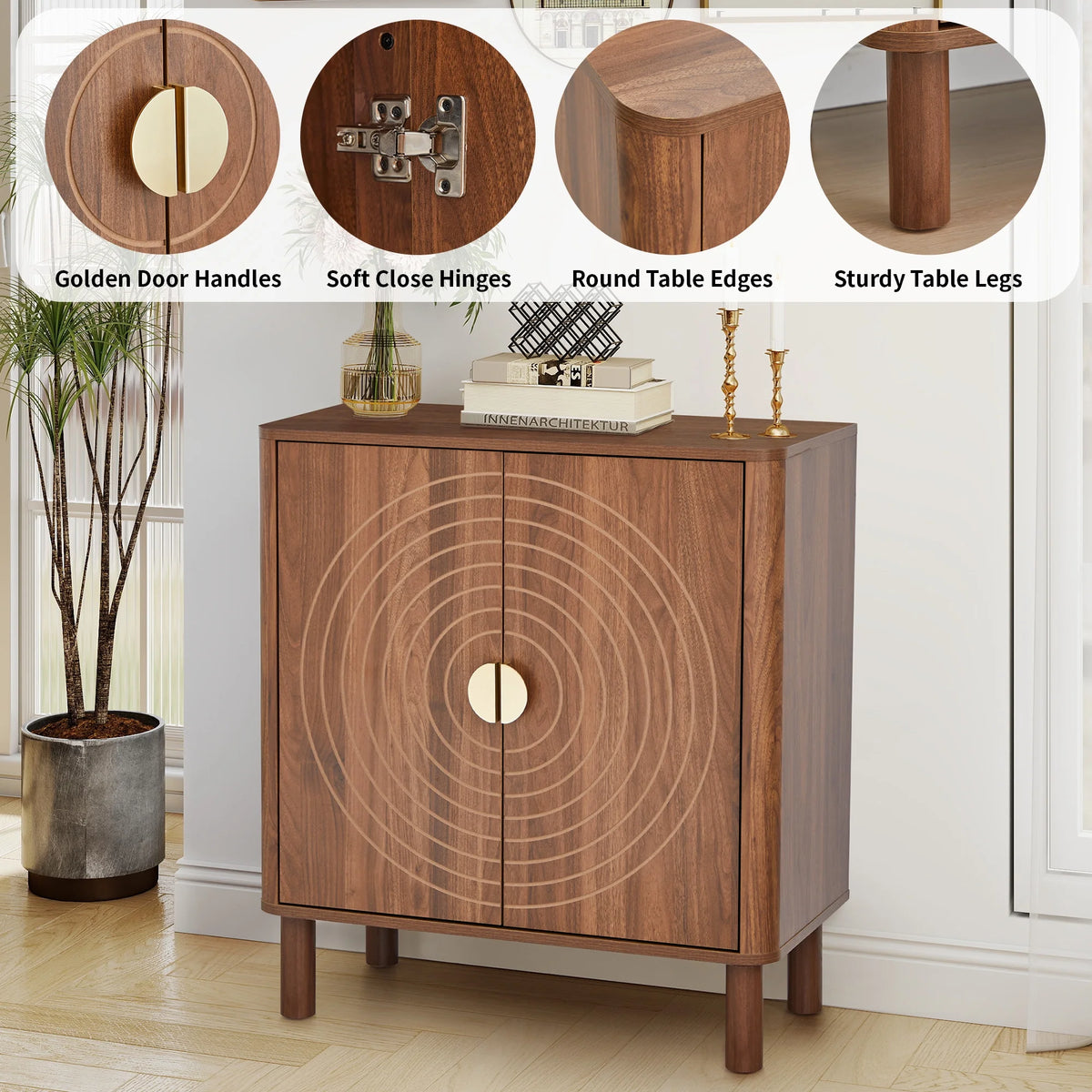 Accent Cabinet with Round Carved Line Door for Entryway Hallway, Walnut Sideboard Buffet Cabinet, Storage Cabinet with Adjustable Shelves for Living Room