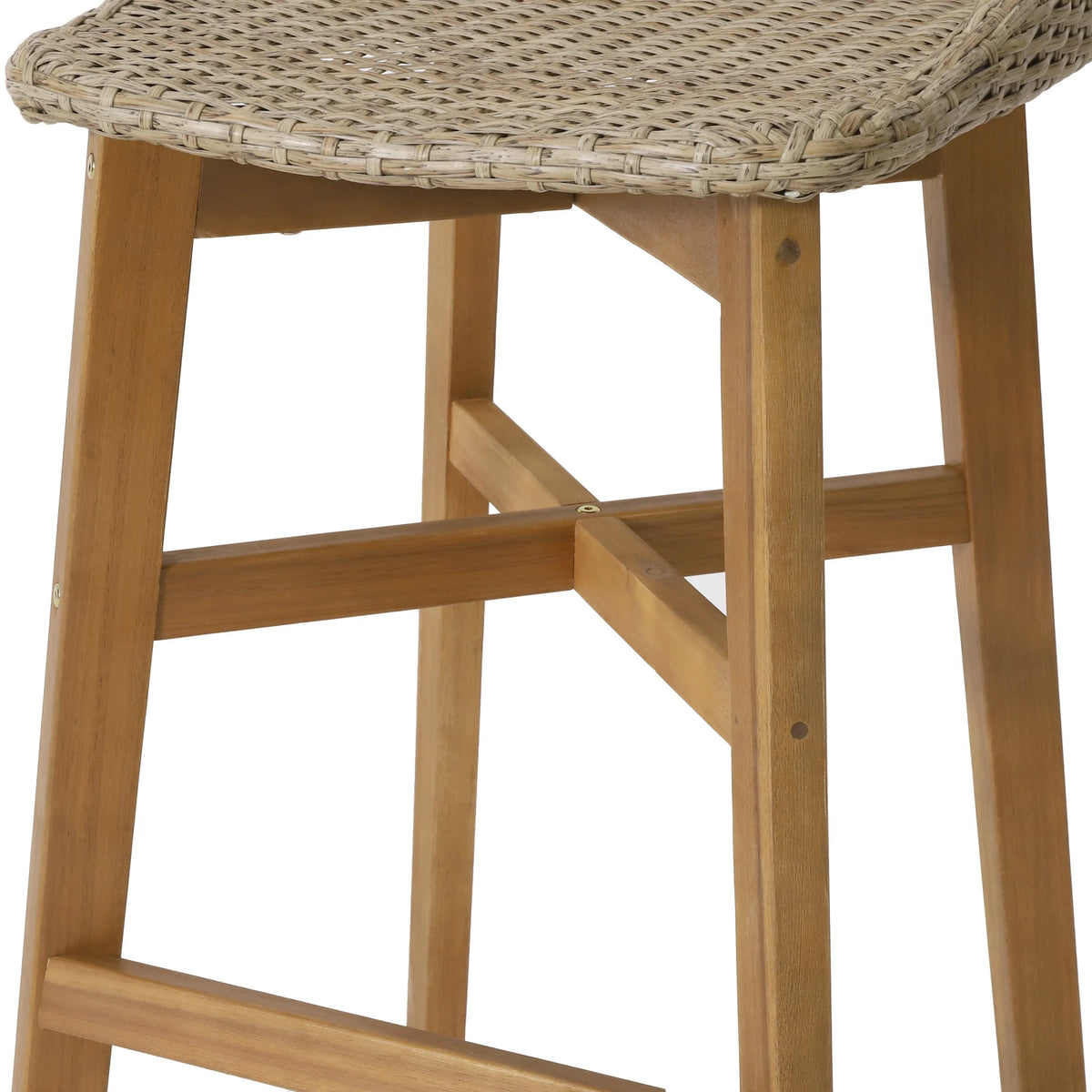 Borah Wicker and Acacia Wood Outdoor Barstools, Set of 4, Light Multibrown and Teak