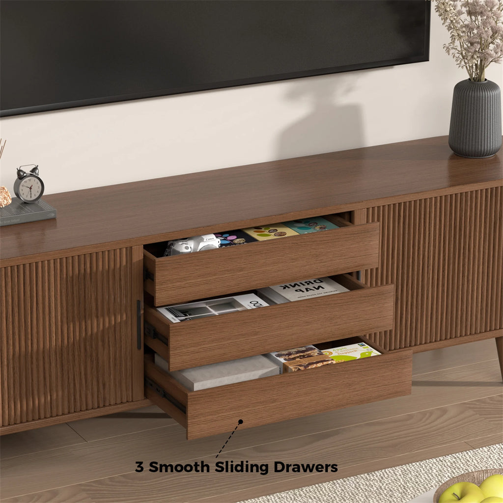 Planntonneo Mid-Century Modern Fluted TV Stand Wooden Media Console Entertainment Center for Living Room, Walnut Color