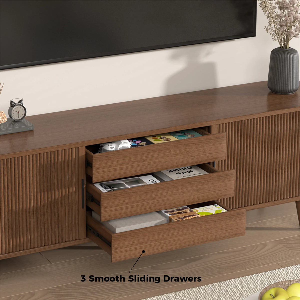 Planntonneo Mid-Century Modern Fluted TV Stand Wooden Media Console Entertainment Center for Living Room, Walnut Color