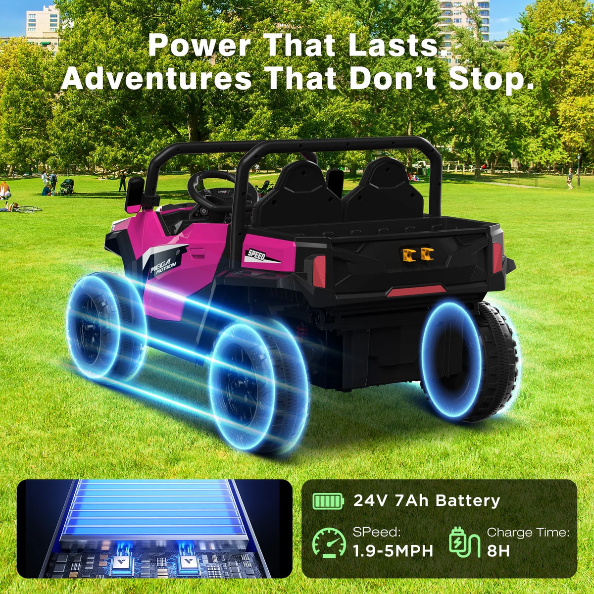 Mega Motion 24V Kids Electric Ride-On UTV Truck with 4WD, Dump Bed, 2 Seats, LED Lights, Music, Remote Control, Shovel, for Boys & Girls