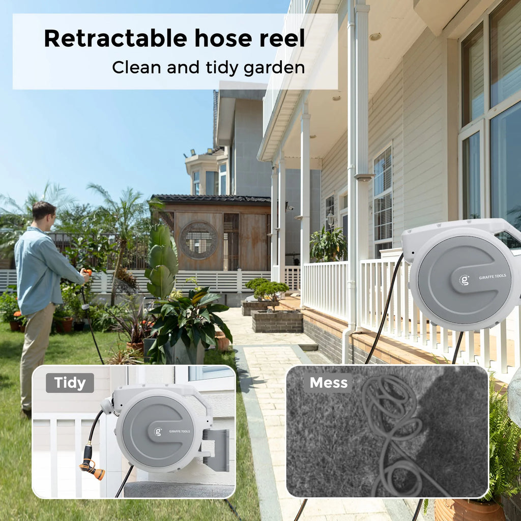 Giraffe Tools Retractable Garden Hose Reel with 1/2in-100ft Water Hose, Plastic Bracket, Wall Mounted, Dark Grey