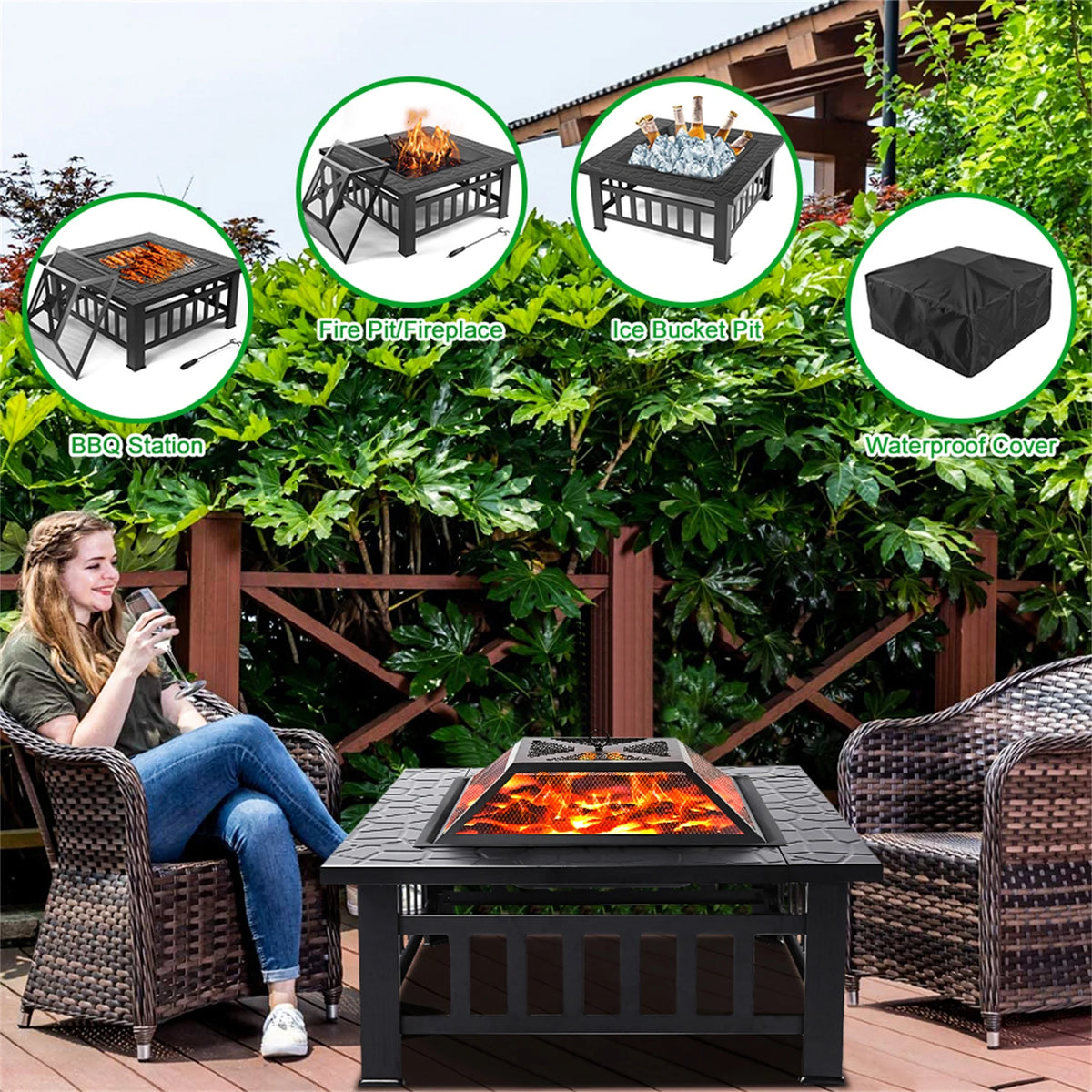 Fire Pits for Outside, UHOMEPRO 32" Square Iron Fire Pit Backyard Patio Garden Stove Wood Burning Fire Pit w/ BBQ Net, Waterprrof Cover, Mesh Screen Lid, Wood Grate, Poker, Durable Fire Pit