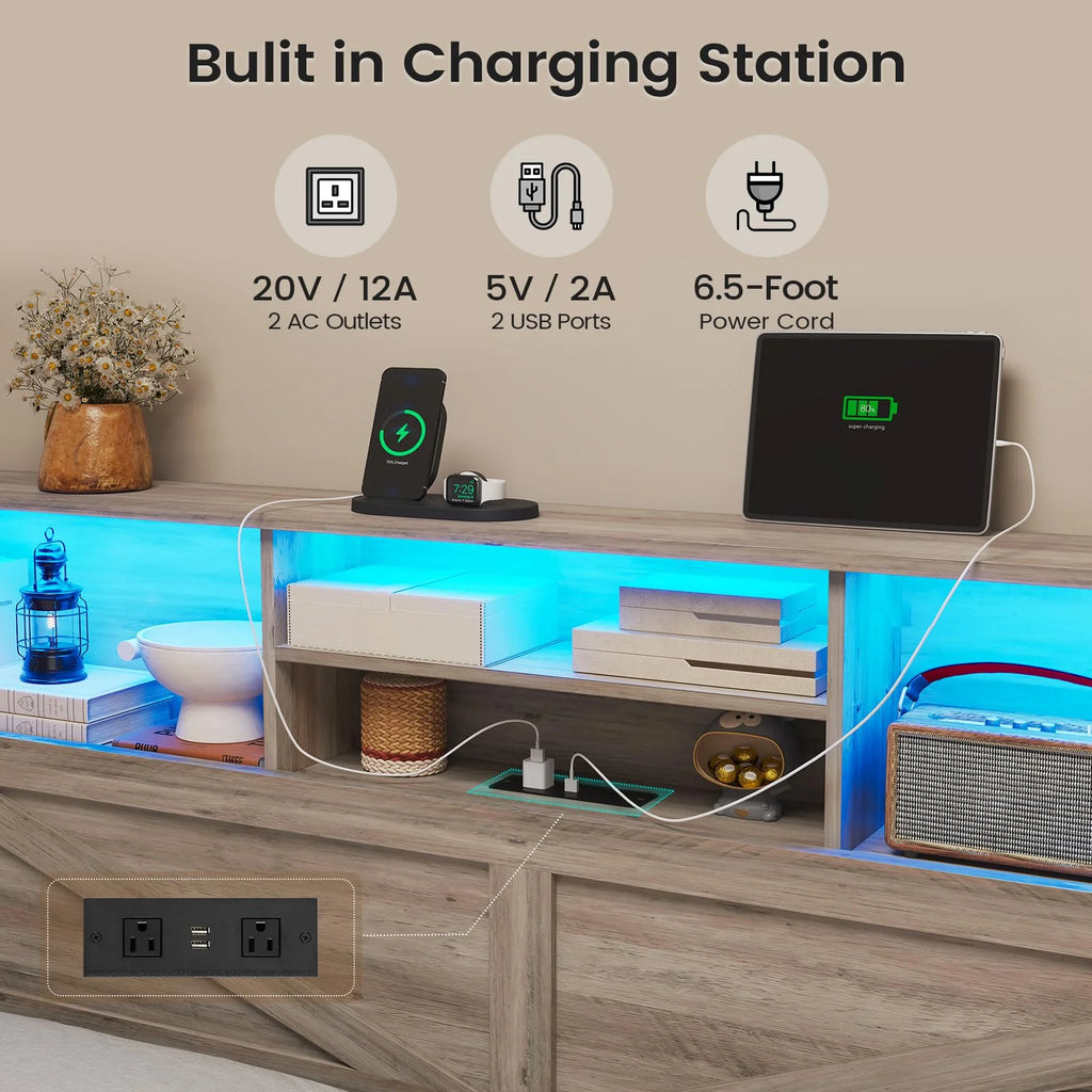 Twin Bed Frame with 4 Storage Drawers and Charging Station, Farmhouse Wooden Led Twin Bed with Storage Hidden Space Headboard and Metal Slats, Gray