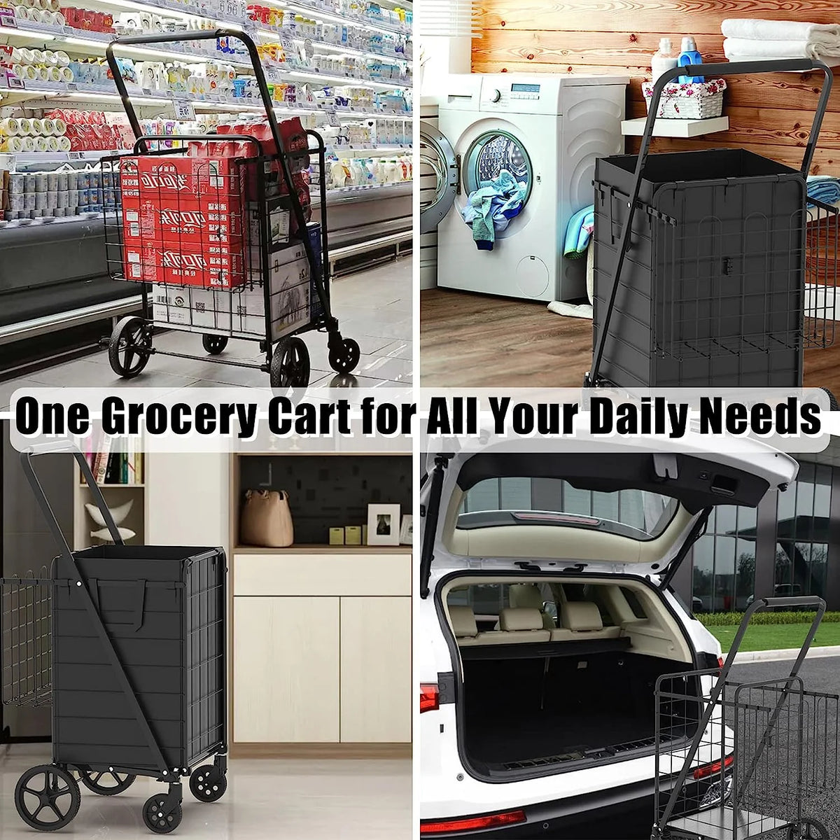 Heavy Duty Folding Shopping Cart for Groceries, Jumbo Double Basket with 360 Swivel Wheels & Waterproof Bag, Portable Utility Cart for Shopping, Laundry, Holds Up to 320 LBS