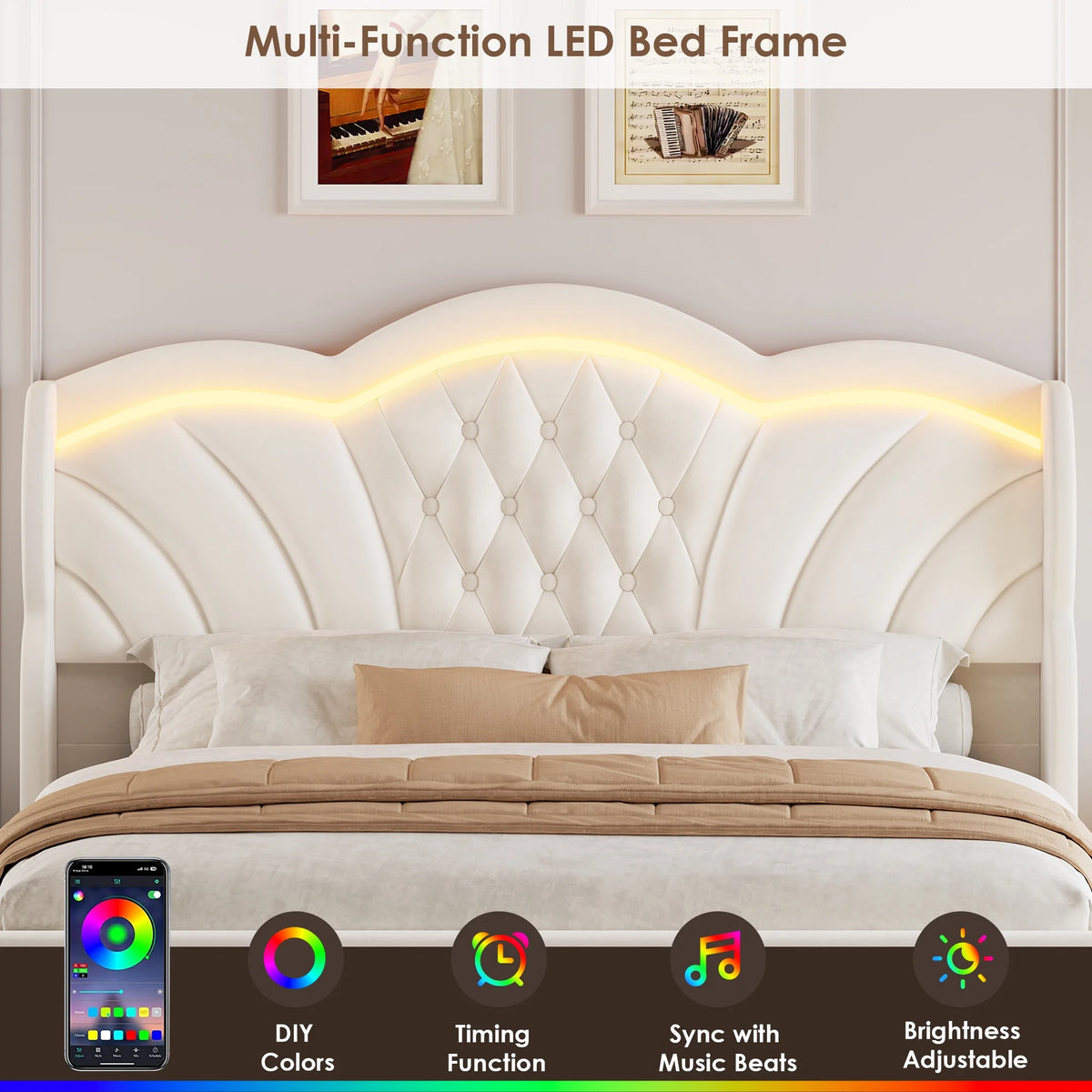 Hiphuta Modern Queen Bed Frame with 2 Drawers, LED Lights Platform Bed Frame, Sturdy Beds Frame with Upholstered Button Tufted Headboard, Velvet White