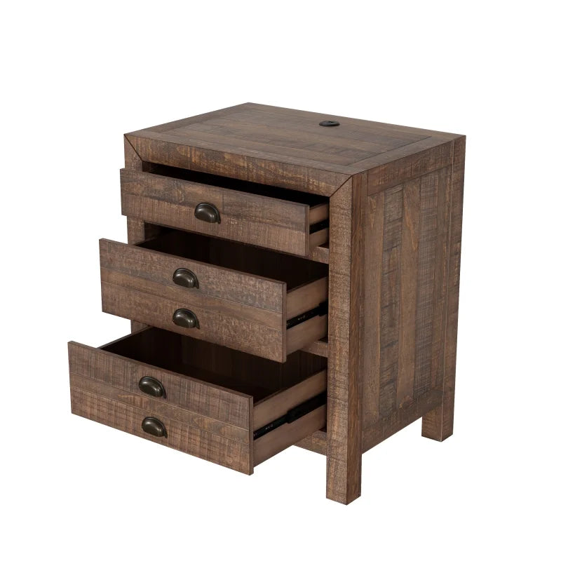 Rustic Farmhouse Style Three-Drawer Solid Pine Wood Nightstand  Set of 2,with Cup Pulls and Integrated Charge Station