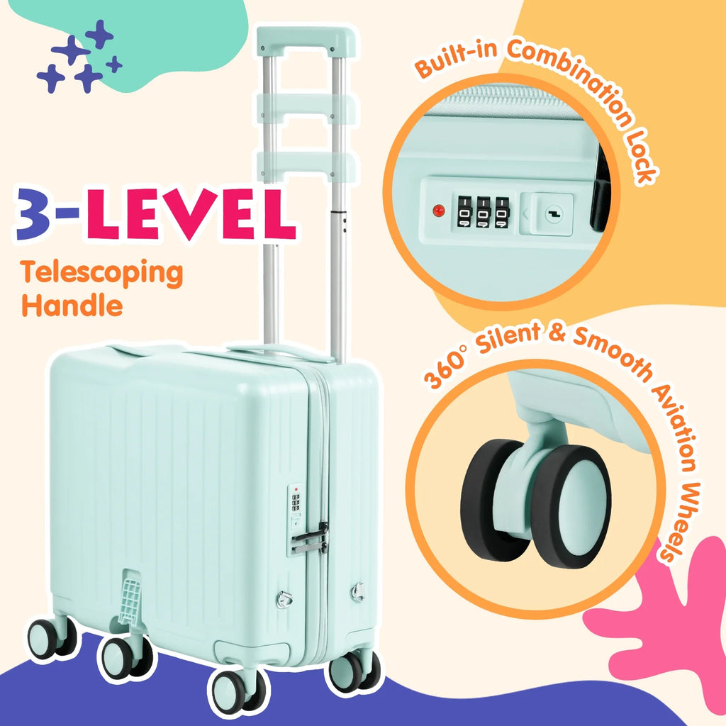 Advwin Ride-On Kids Luggage with Pull Strap, Footrests, Cup Holder, 6 Wheels & Adjustable Handle, 18-Inch Spinner Suitcase with Stickers & Boarding Pass, Pink