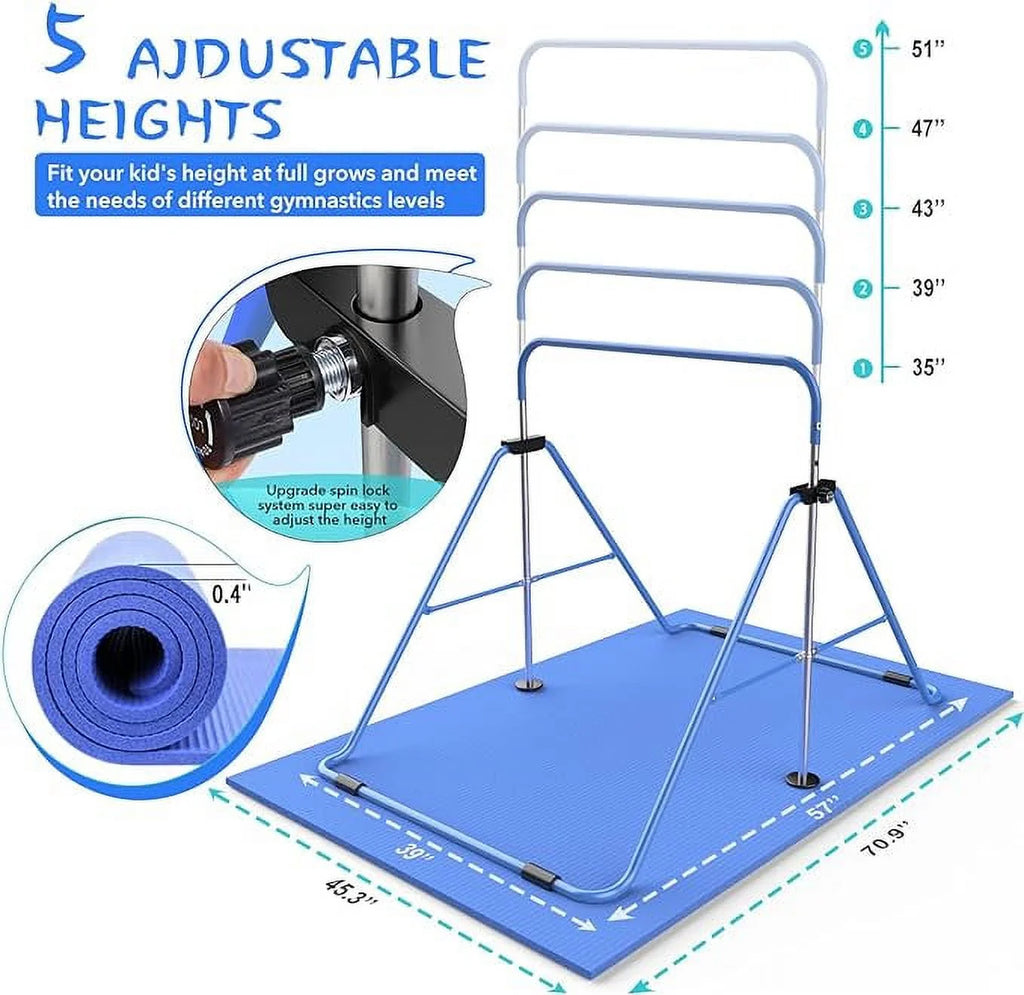 Safly Fun Gymnastics Bar with Mat for Kids, Height Adjustable Junior Training Bar Mat for Home, Folding Gymnastic Horizontal Bars Equipment (Pink+Mat)