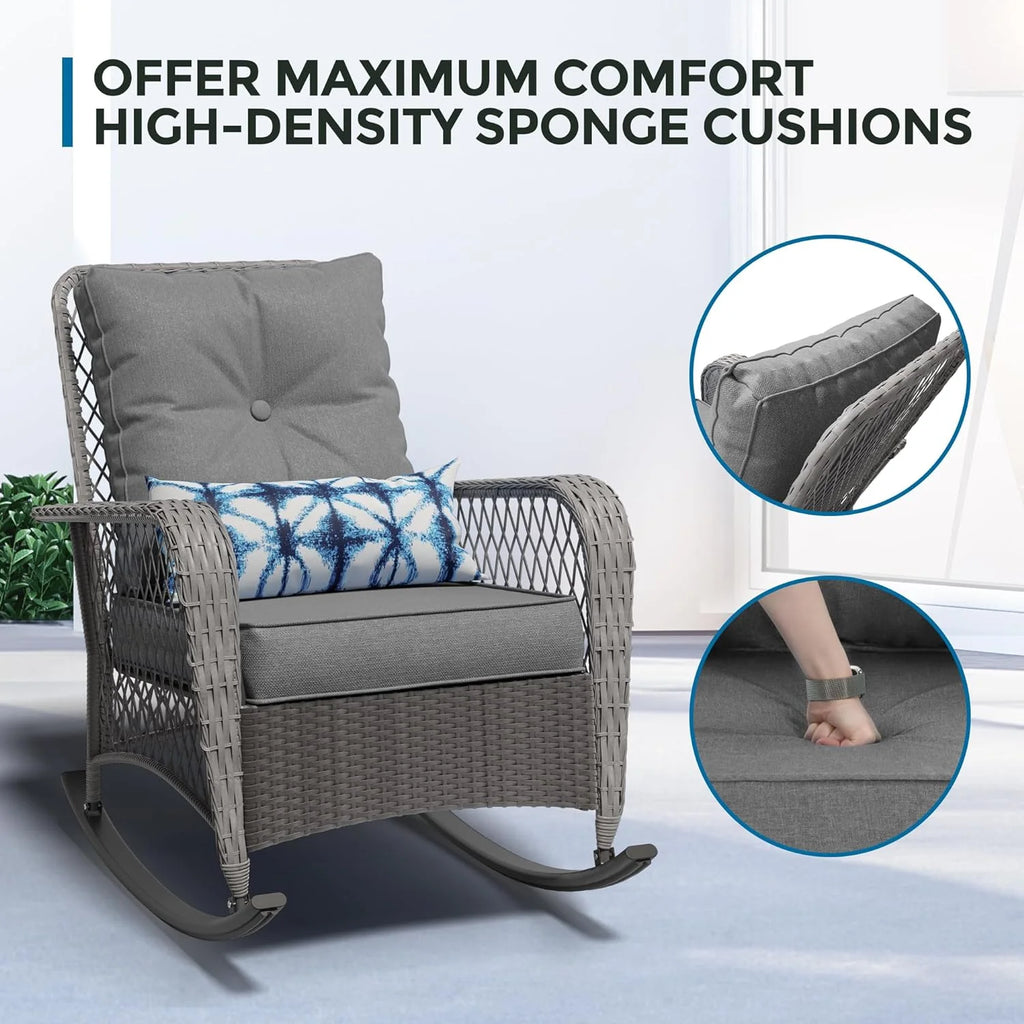 ELPOSUN 3-Piece Outdoor Rocking Chairs, Wicker Patio Furniture with Thickened Cushions and Table for Porch
