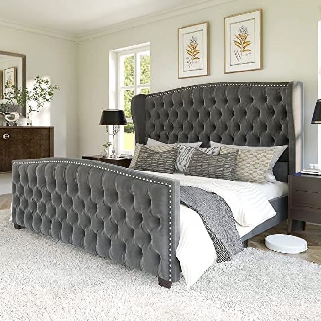 VANACC Queen Size Bed Frame, Velvet Upholstered Bed with Deep Button Tufted Wingback Headboard Grey