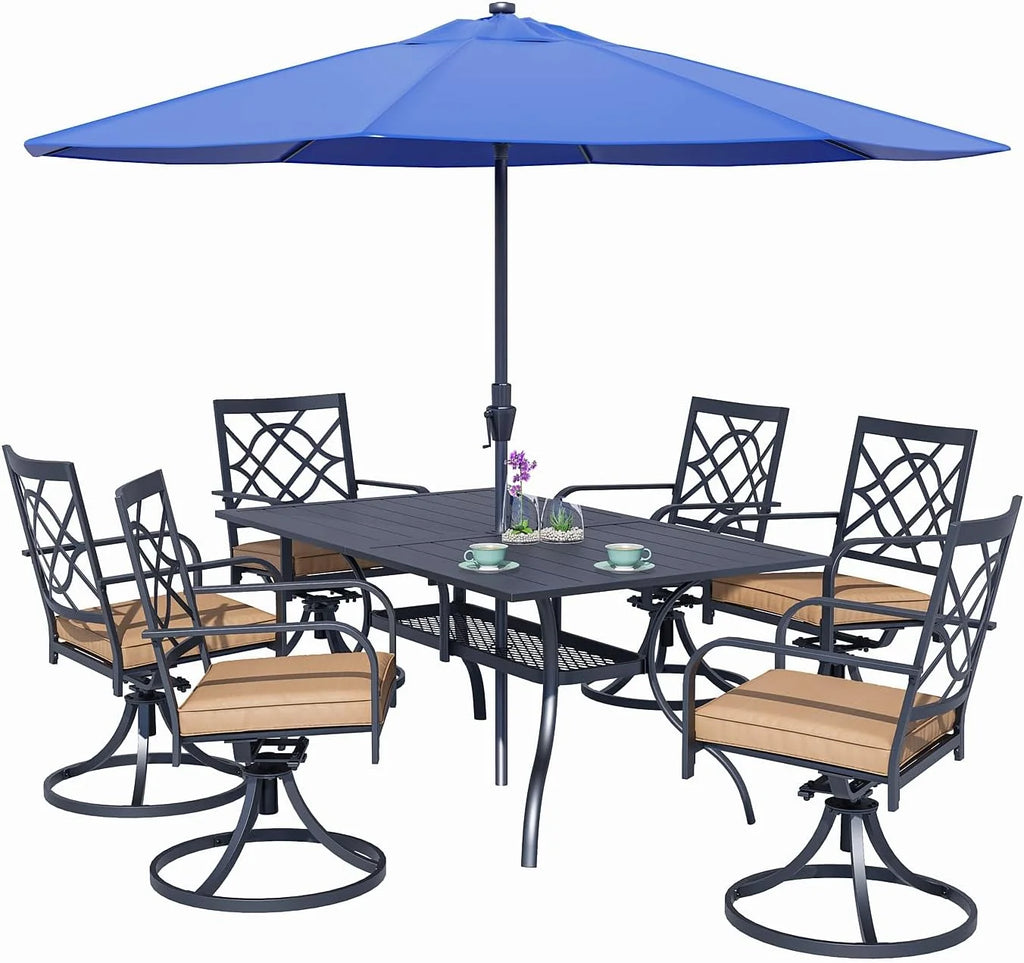 SUNCROWN 5-Piece Outdoor Wrought Iron Chairs and Table Patio Dining Furniture Set - 4 Stackable Metal Chairs, 1 Steel Slat Bistro Table and 1 Sky Blue 9Ft Patio Umbrella for Garden Backyard Deck