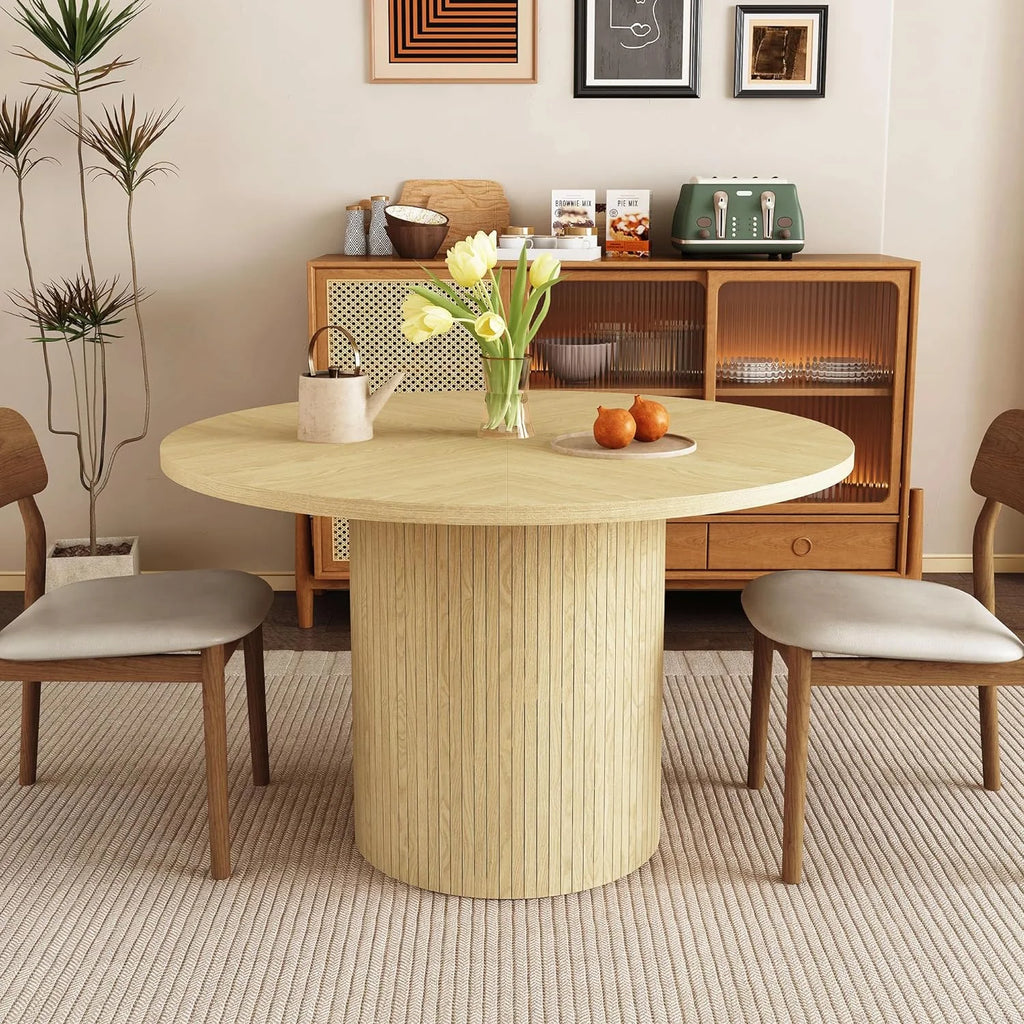 Wirrytor Round Dining Table, Modern Farmhouse Kitchen Table, 47 Inch Coffee Circle Dining Tables with Wood Strip Base for Kitchen Living Room, Black
