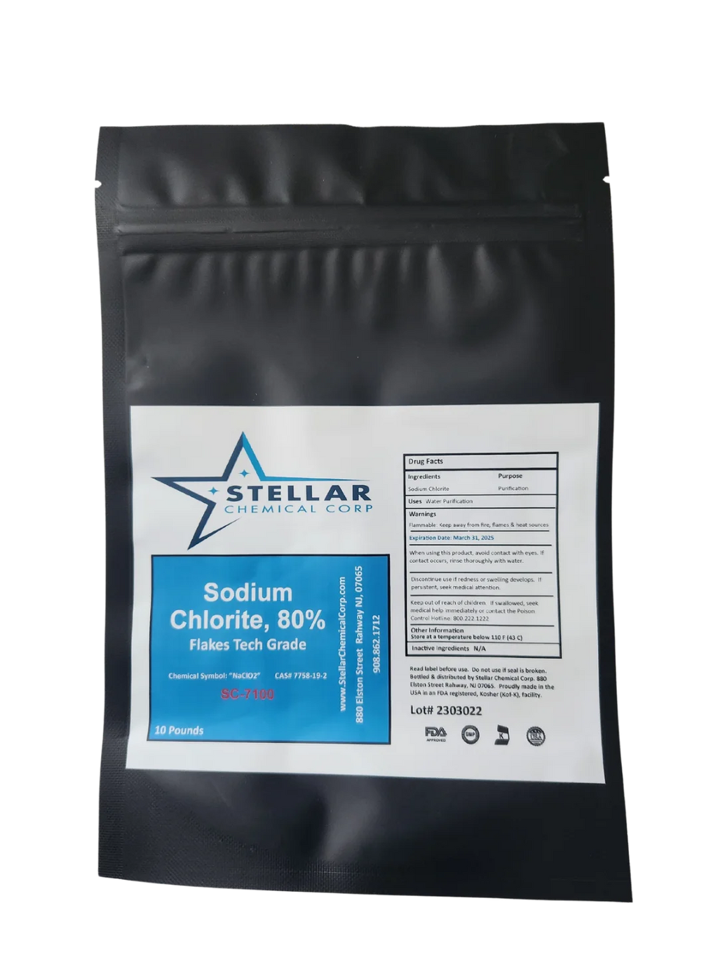 Sodium Chlorite, 80% Flakes, Tech Grade"  ~~  10 Pounds  ~~  Stellar Chemical Corp.