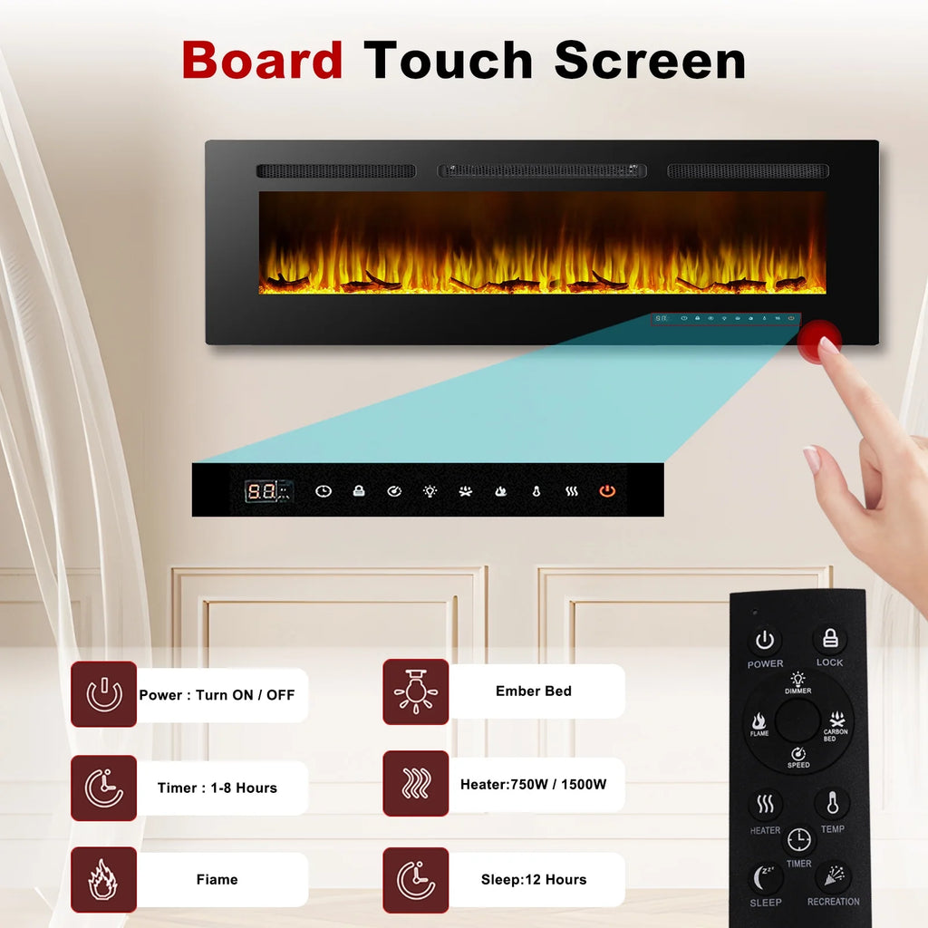 60" Electric Fireplace, Ultra-thin Recessed and Wall Mounted Fireplace, Linear Fireplace with Timer Remote Control Adjustable Flame Color 750w/1500w Black