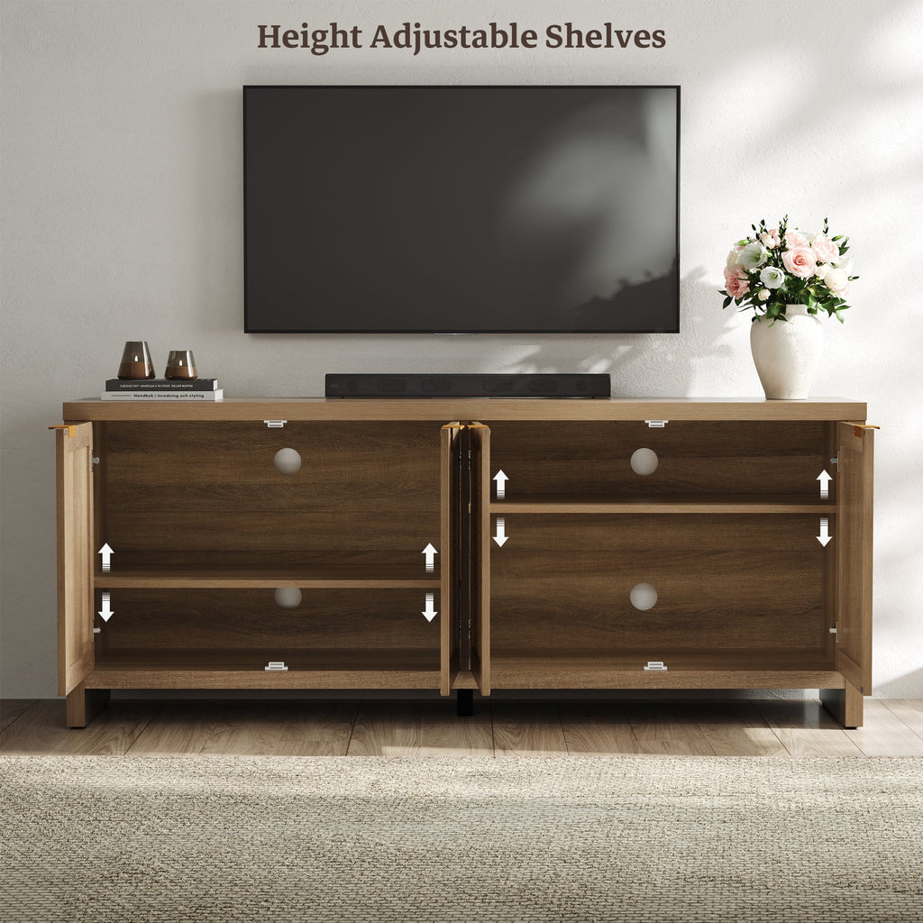 SICOTAS 61.5"W Rattan TV Stand with 4 Doors, Boho Entertainment Center with Adjustable Shelves & Spacious Countertop Large Boho Farmhouse Media Console for Living Room, Reclaimed Caramel Oak