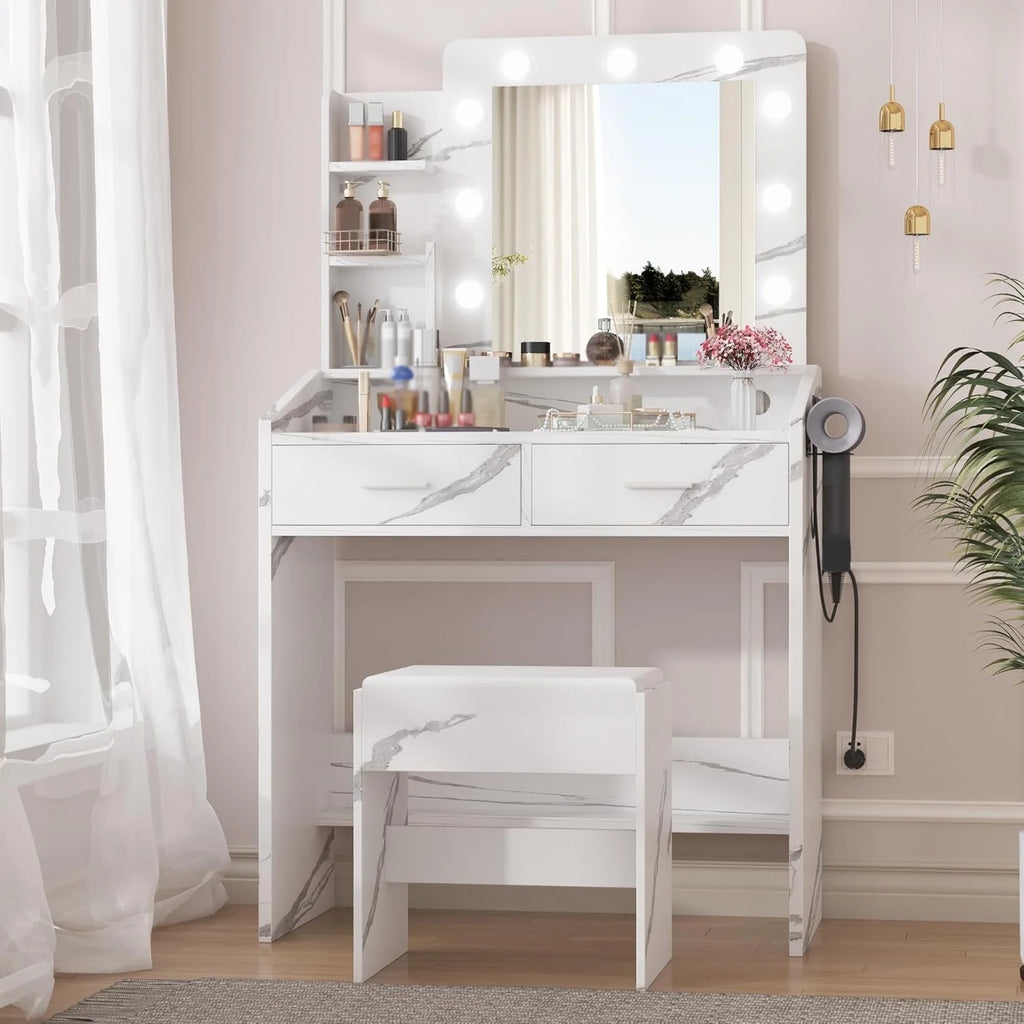 OYang Makeup Vanity with Lights, Vanity Desk with Mirror and Lights Set, Large Drawer and Two-Tier Lots Storage Cabinet, 3 Lighting Modes Adjustable Brightness