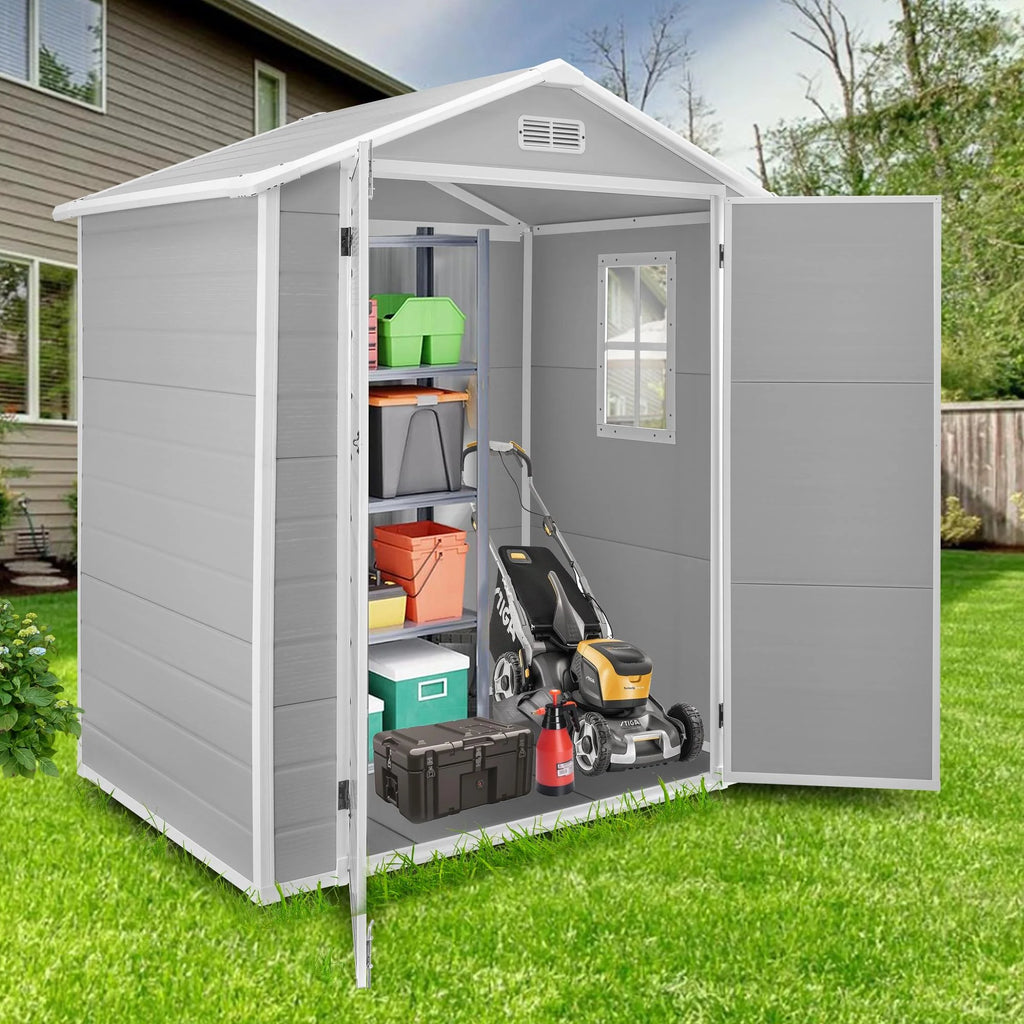 Outdoor Shed & Storage, Seizeen All-Weather Plastic Sheds 82'' H, Sloped Top Garden Shed with Window, Heavy-Duty Resin Outdoor Storage W/Floor, Gray