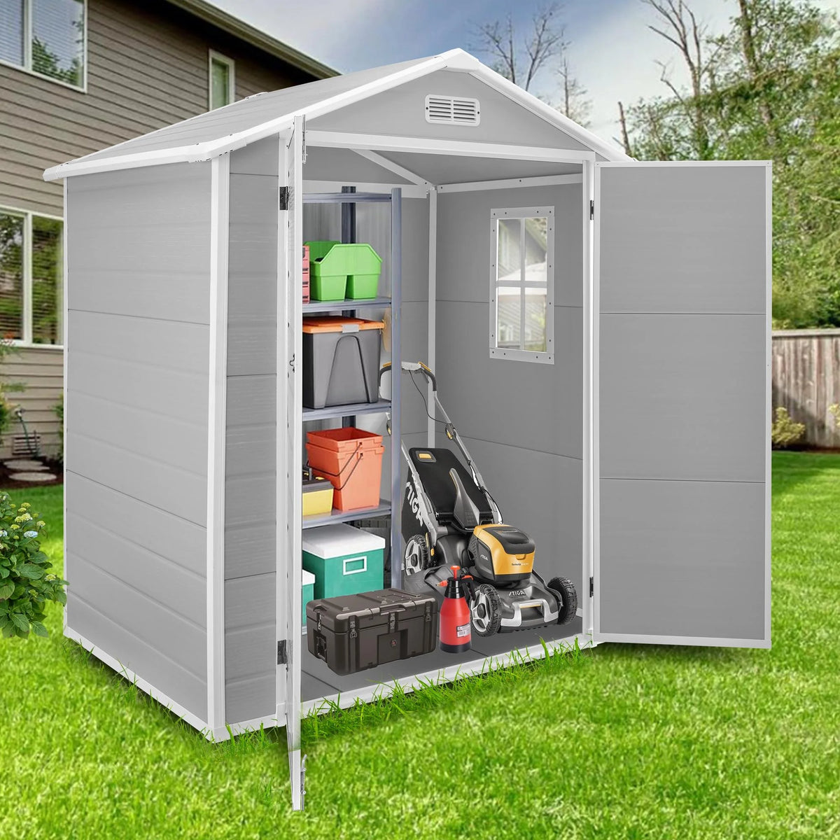 Outdoor Shed & Storage, Seizeen All-Weather Plastic Sheds 82'' H, Sloped Top Garden Shed with Window, Heavy-Duty Resin Outdoor Storage W/Floor, Gray