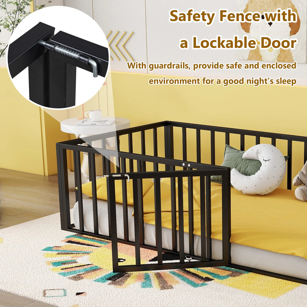 Bellemave Full Size Bed Frame, Full Montessori Bed with Safety Guardrails and Detachable Fence, Wood Full Daybed Frame, Low Profile & Rounded Corners Design, Natural