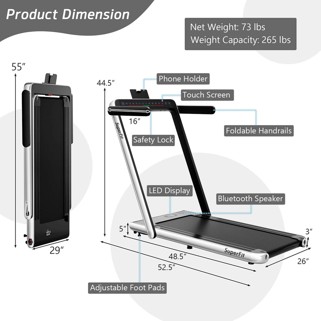 SuperFit Up To 7.5MPH 2.25HP 2 in 1 Dual Display Screen Treadmill Jogging Machine W/APP Control Silver