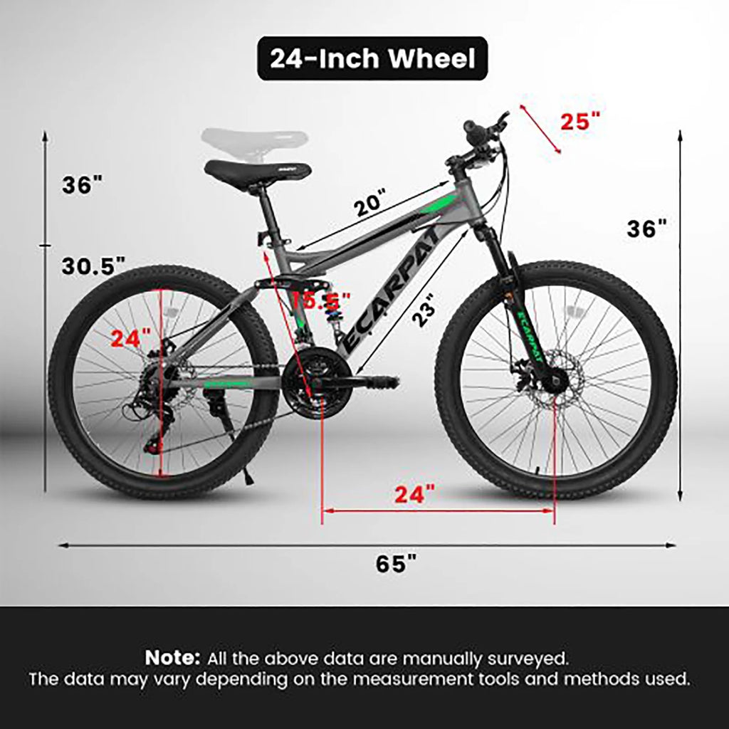 24 Inch Mountain Bike for Teenagers, High Carbon Steel Frame, Dual Full Suspension Mountain Bike, Mountain Tire, 21 Speed Mens Womens Outdoor Cycling, Birthday Gifts