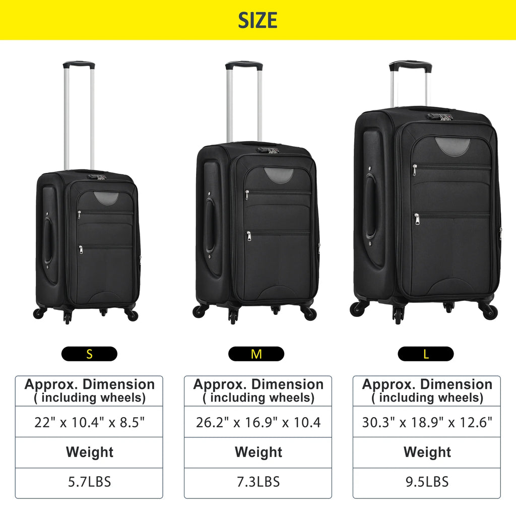 EUROCO 3 Piece Softside Luggage Set,Expandable Suitcase Set with TSA Lock and Spinner Wheels,Lightweight Suitcase for Men Women(20",24",28"),Black