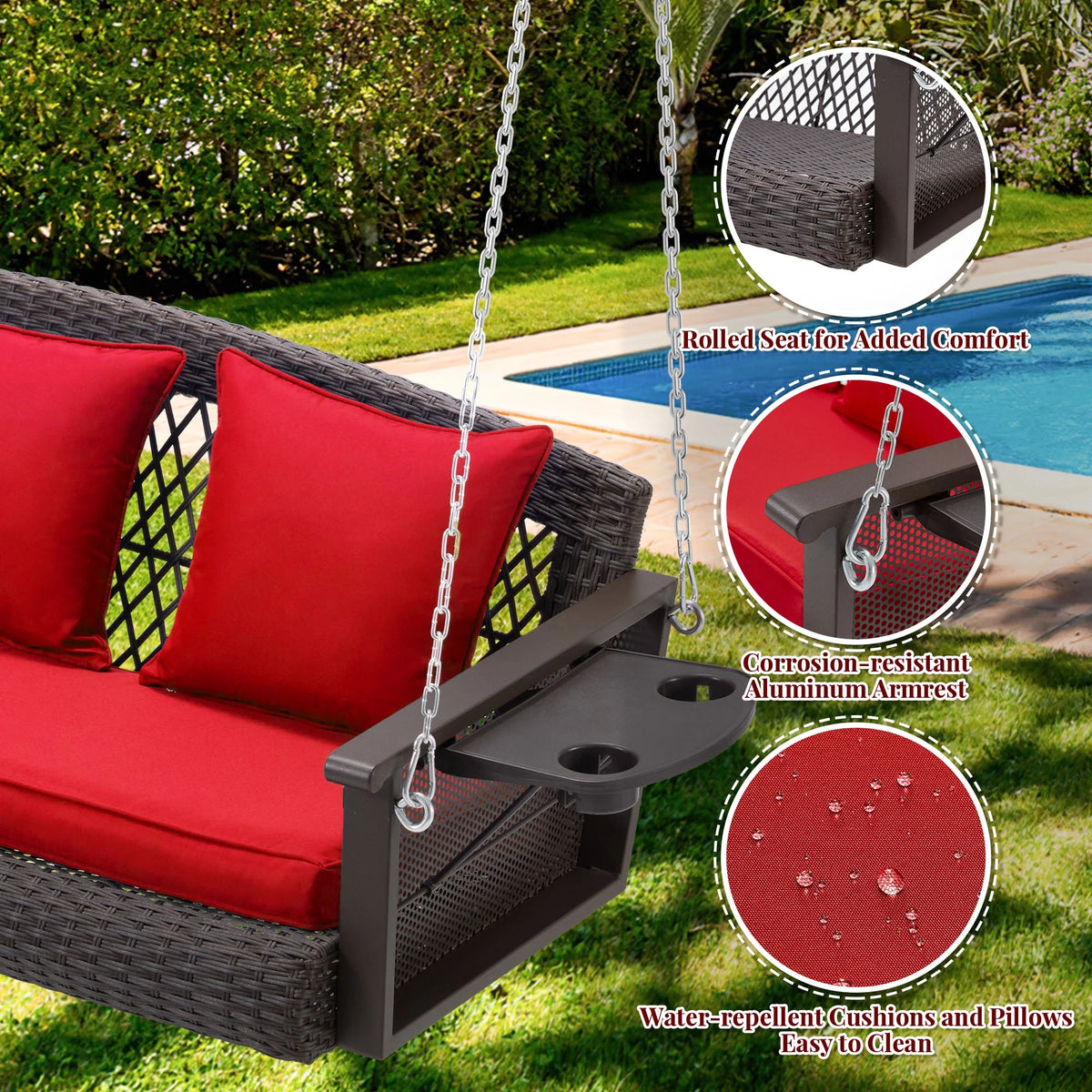 Homrest 3-Person Porch Swing 55in Wicker Hanging Swing Bench with Cushions and Cupholders for Deck, Garden and Backyard, Beige
