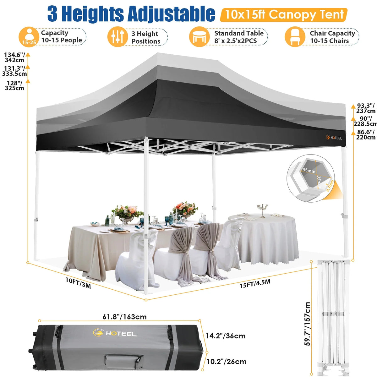HOTEEL 10x15 Heavy Duty Canopy Tent - Commercial Pop Up with UV50+, Thick Hexagonal Frame, 4 Sidewalls, Anti-Pooling Design & Roller Bag (Black)