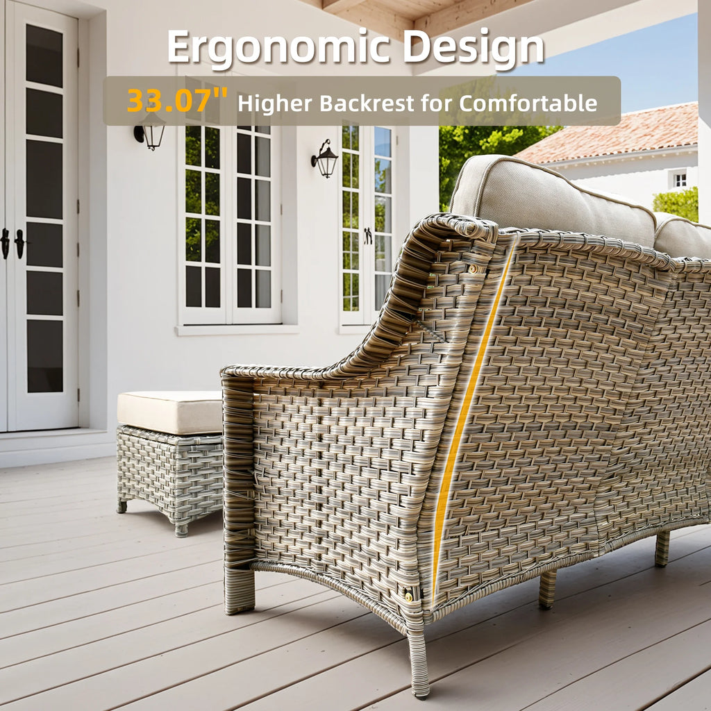 Ovios Outdoor Patio Sofa 3-Seater with Cushions All-Weather Wicker Rattan Couch for Garden, Porch, or Backyard