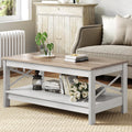 Moasis Farmhouse Coffee Table with Storage 2-Tier Center Table for Living Room Grey Wash Top+White