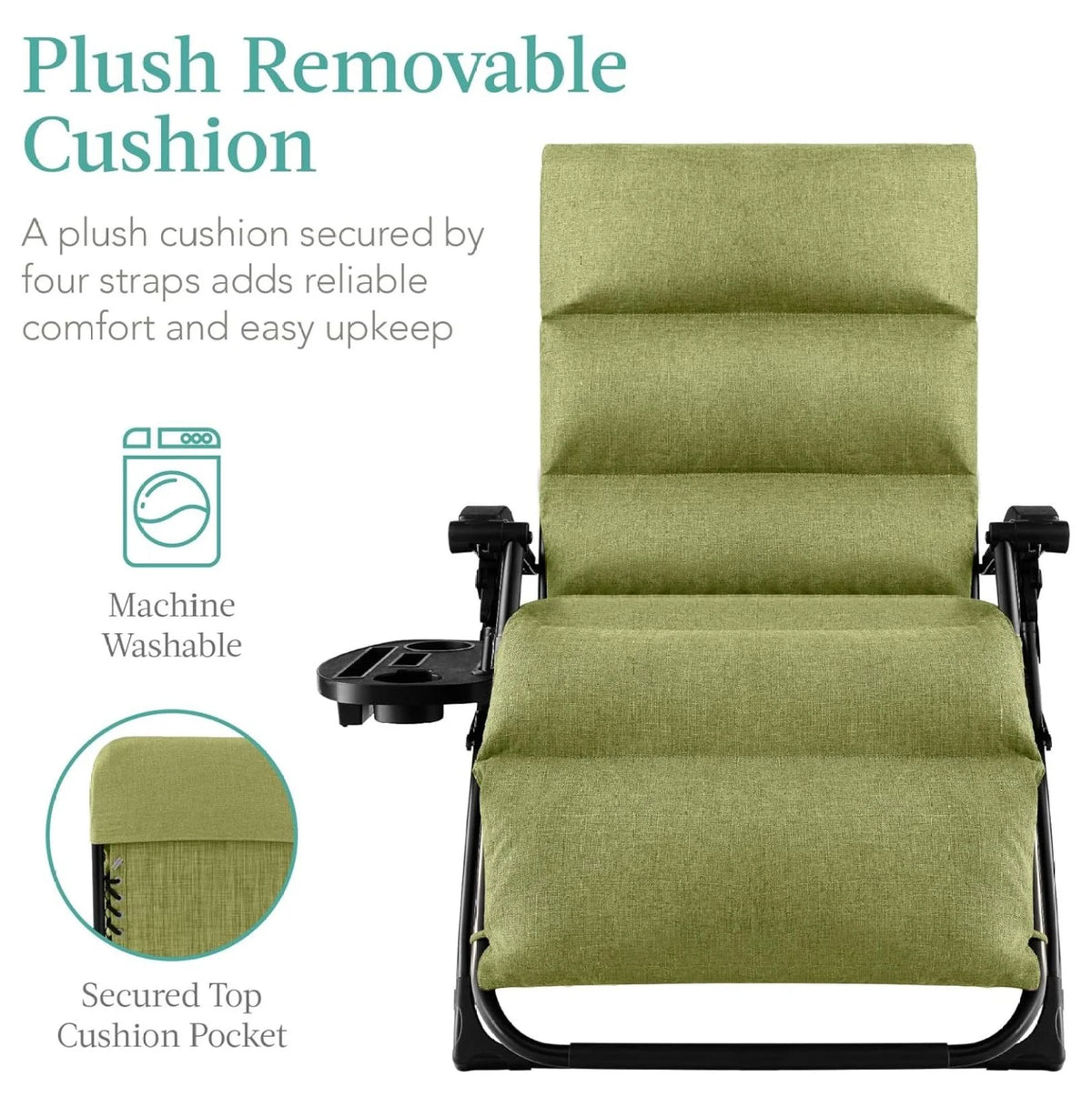 Oversized Chair, Folding Outdoor Patio Recliner, XL Anti Gravity Lounger w/Removable Cushion, Cup Holder, Side Tray, 350lb Capacity - Taupe