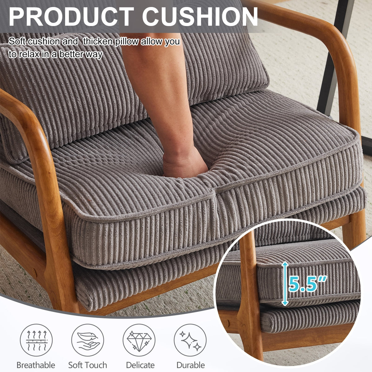Ktaxon Accent Chair Corduroy Upholstered Armchair, Reading Club Chair with Pillow and Solid Wood Frame for Living Room Bedroom Furniture Off White