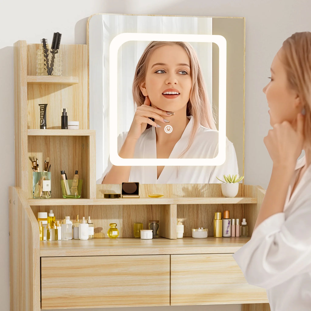 LIVELYGLOW Vanity Desk Set with Square Mirror and Light- Small Vanity Table with Drawers- White