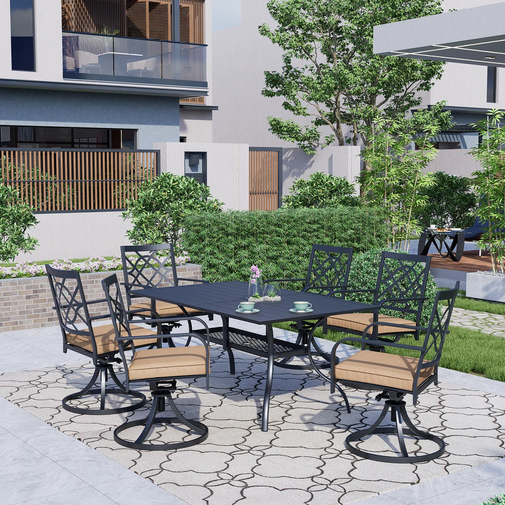 SUNCROWN 5-Piece Outdoor Wrought Iron Chairs and Table Patio Dining Furniture Set - 4 Stackable Metal Chairs, 1 Steel Slat Bistro Table and 1 Sky Blue 9Ft Patio Umbrella for Garden Backyard Deck
