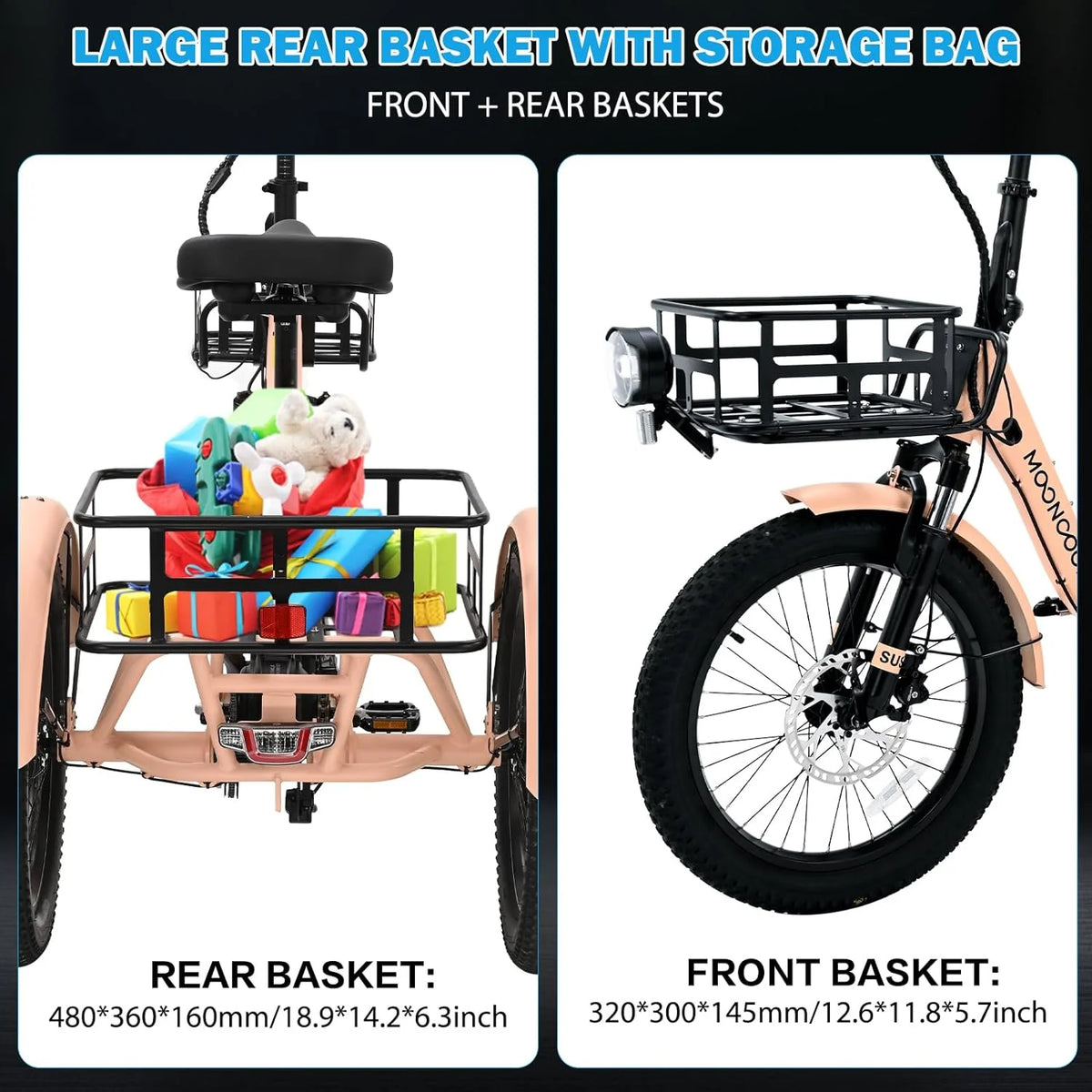 MOONCOOL TK1 Folding Electric Tricycle for Adults,48V 14.5Ah Removable battery, 500W Peak 1000w Motor, 20" Fat Tire Step-Thru 3Wheel Electric Bicycle w/Front&Rear Baskets, Certified to UL 2849 by SGS