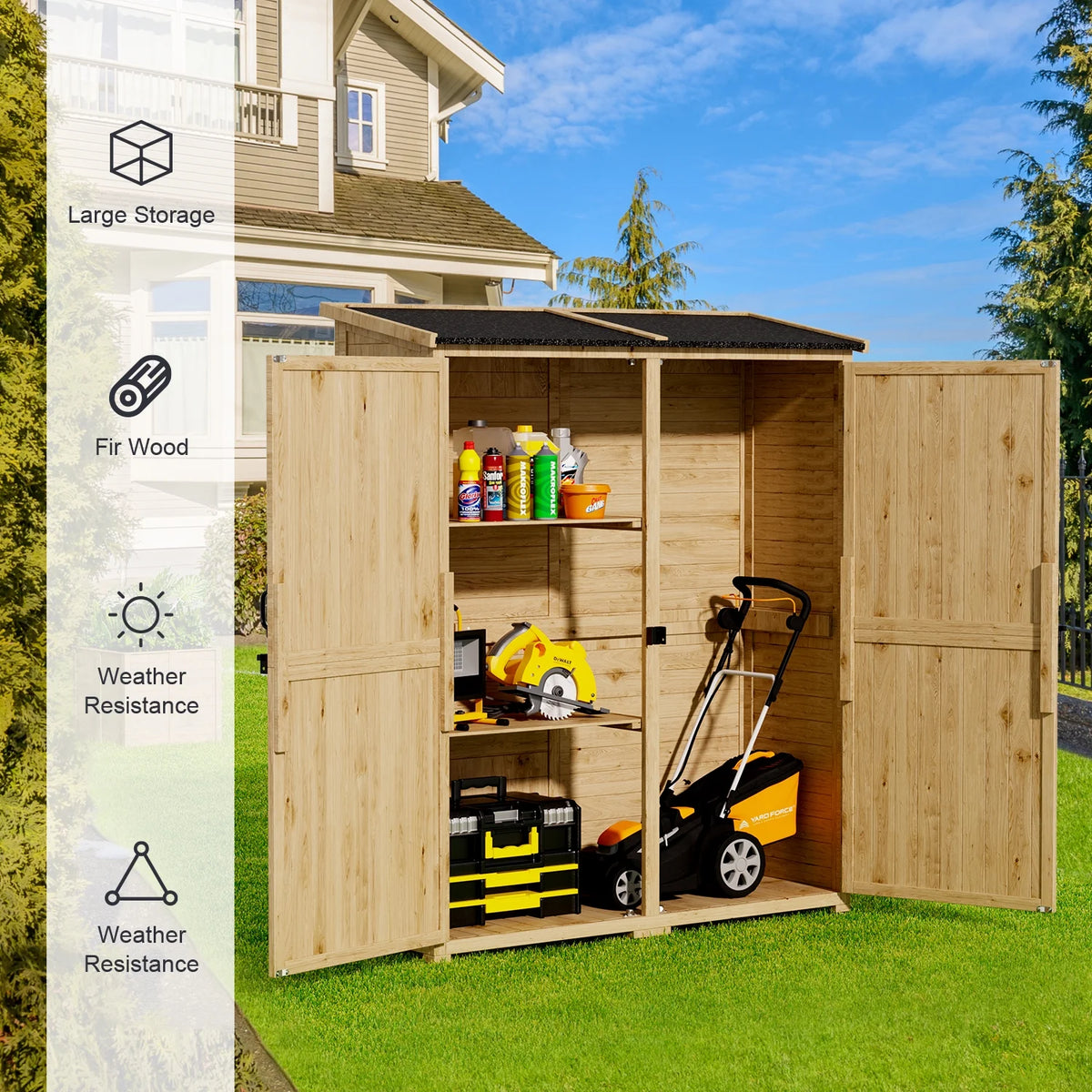 Outdoor Storage shed, Lofka Wooden Outdoor Storage Cabinet, with 2 Lockable Doors and Handles, 5.3ft x4.6ft, Natural