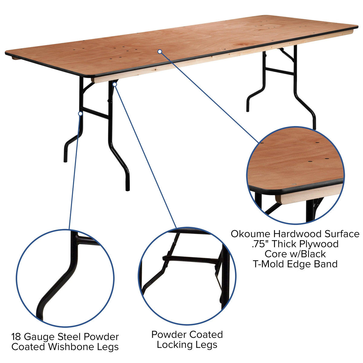 Flash Furniture Fielder 8-Foot Rectangular Wood Folding Banquet Table with Clear Coated Finished Top