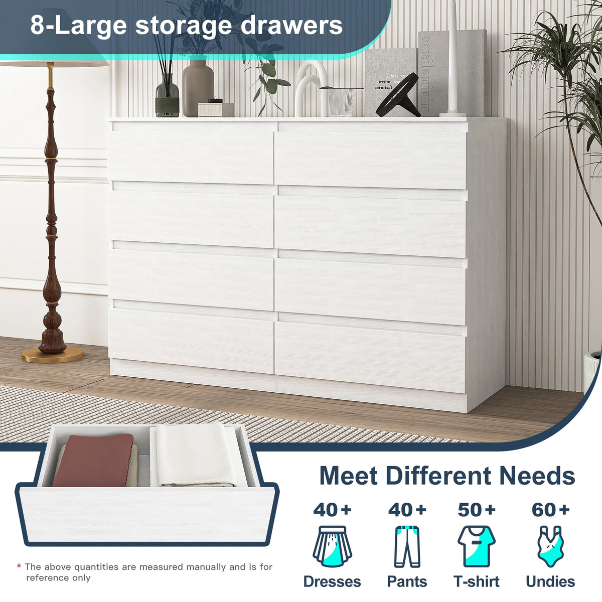 Resenkos Mid Century Modern 8 Drawer Dresser for Bedroom with Hidden Handle White