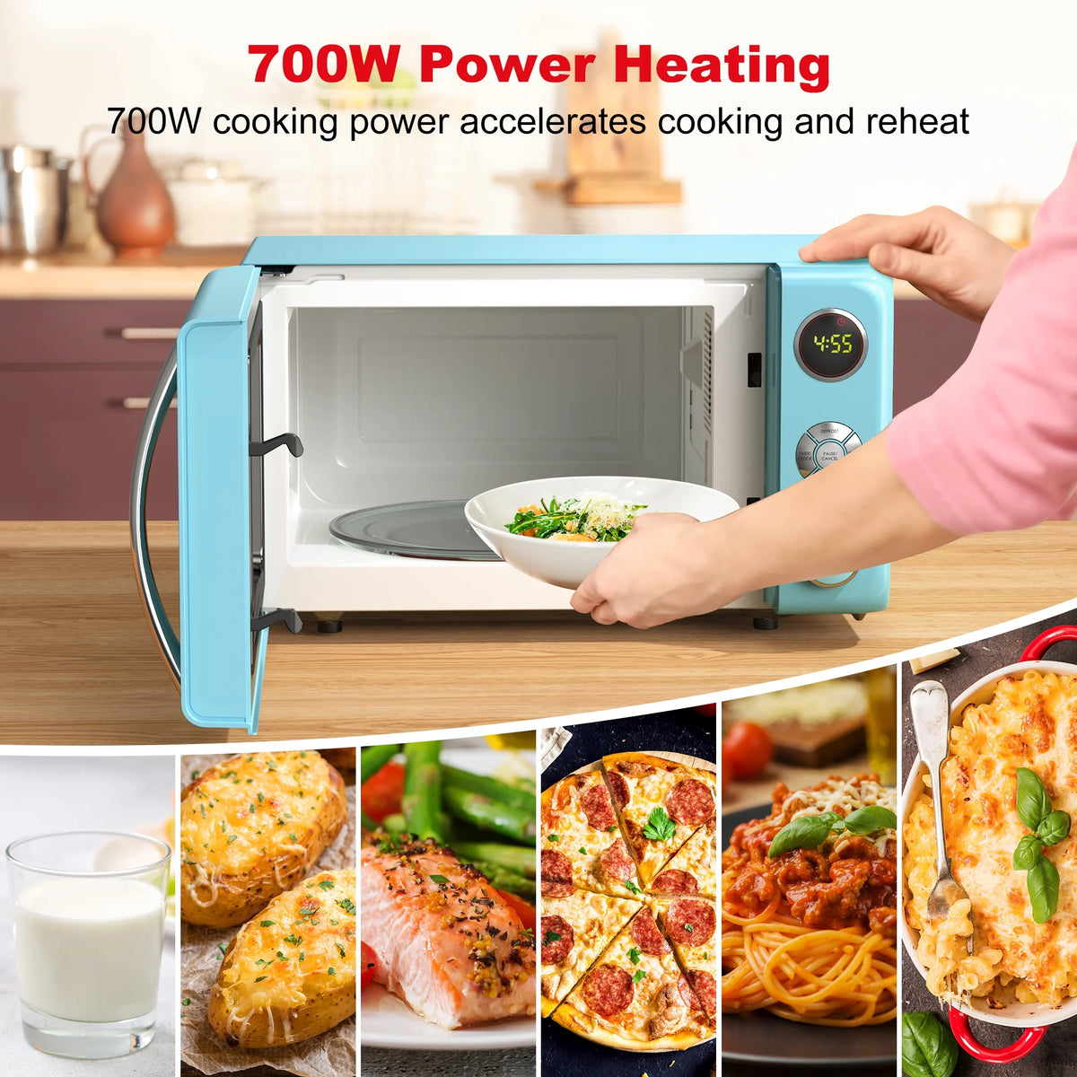 Galanz 0.7 Cu ft Retro Countertop Microwave Oven, 700 Watts, Blue, New