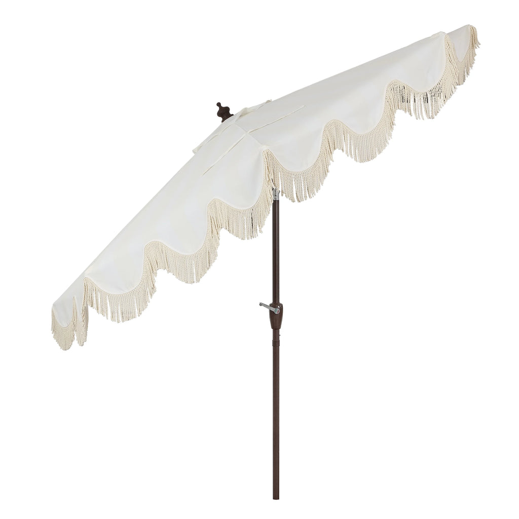JONATHAN Y Beverly 9 ft. Half Market Patio Umbrella, Designer Classic Scalloped Fringe with Crank, Tilt Button and UV Protection, Blue/White/Cream, Dark Brown Pole