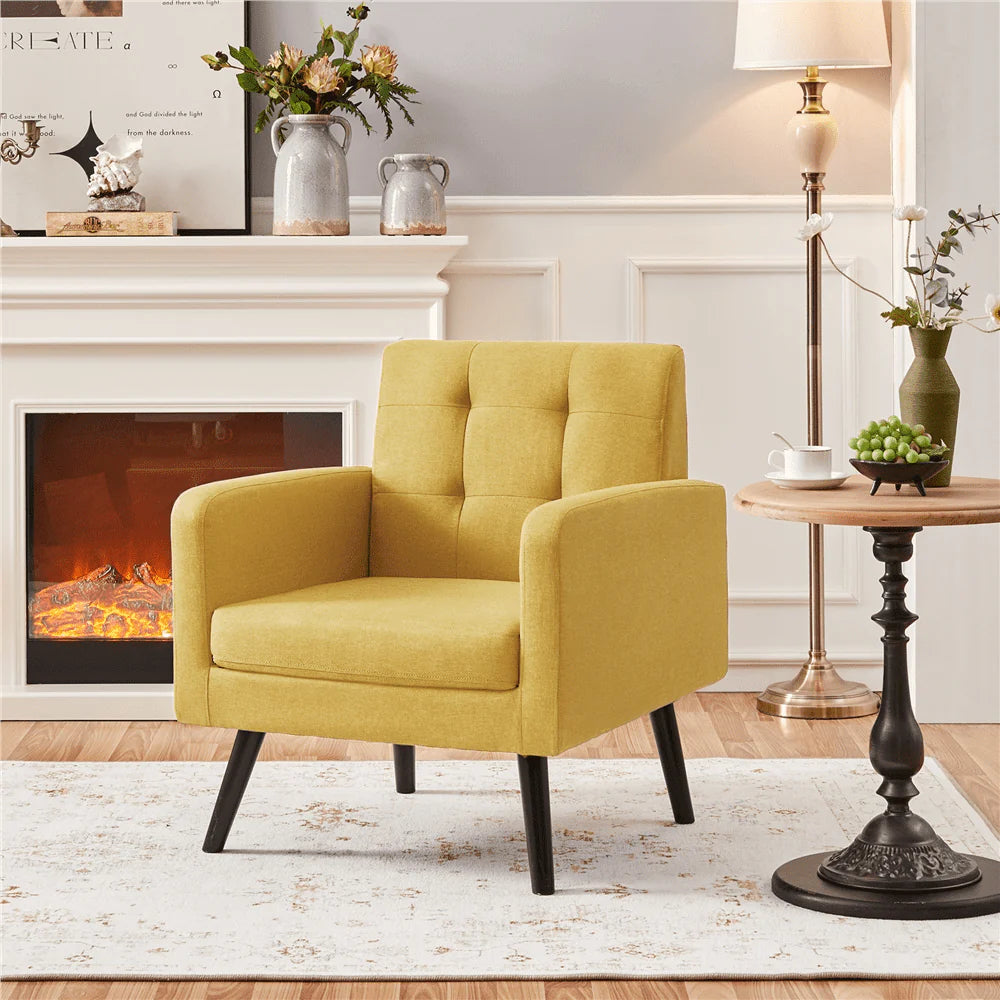 Smile Mart Modern Tufted Accent Arm Chair with Rubber Wood Leg for Living room, Yellow