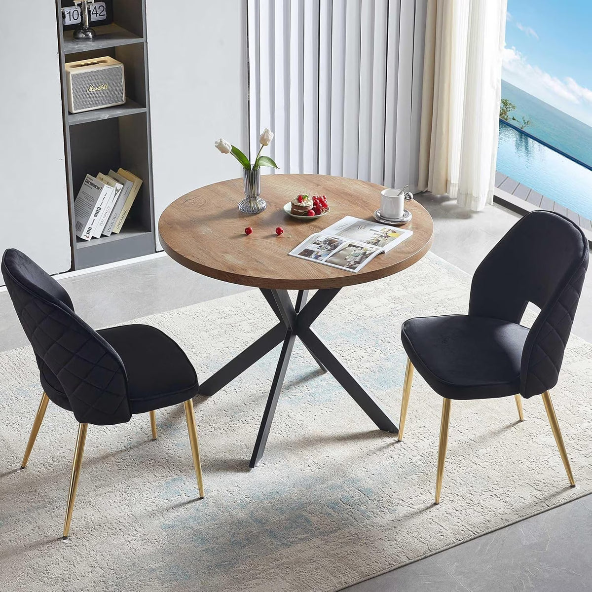 NORDICANA 5-Pieces 37-Inch Dining Table Set for 4 - Space Saving Round Table and Chairs with 4 Seaters Velvet Upholstered Chairs